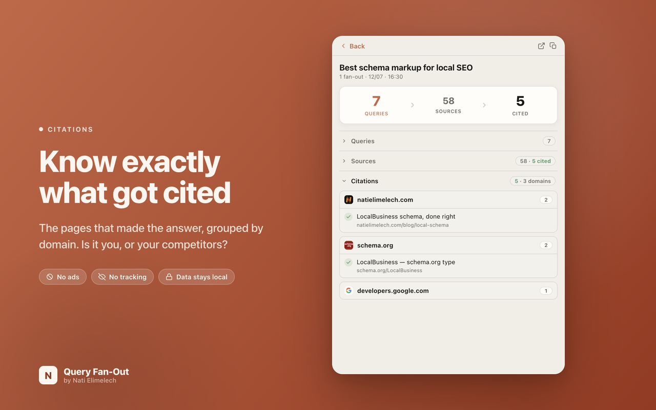 Query fan-out tool — Citations layer: the domains ChatGPT actually cited