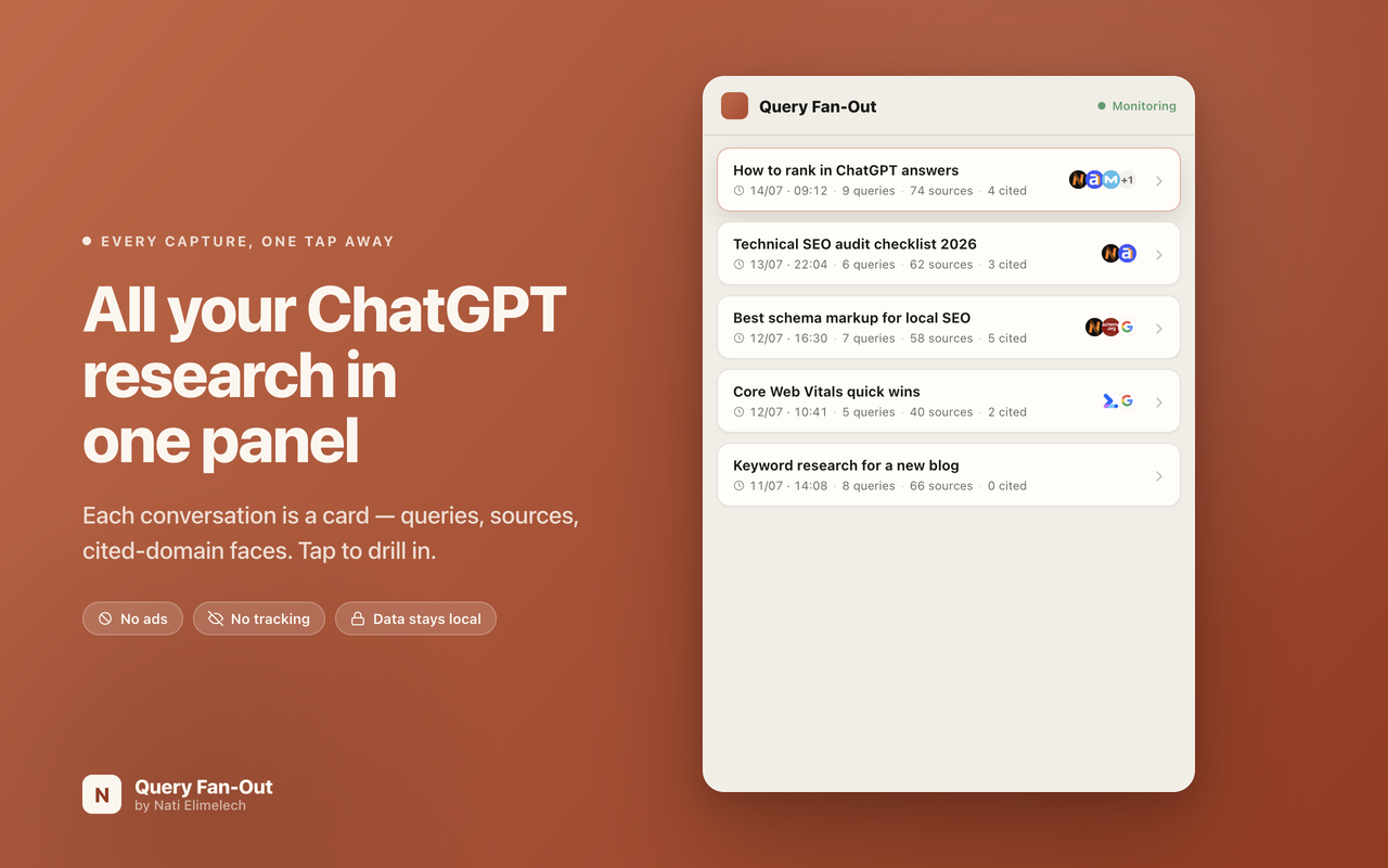 ChatGPT query fan-out tool — captured conversations with cited-domain icons