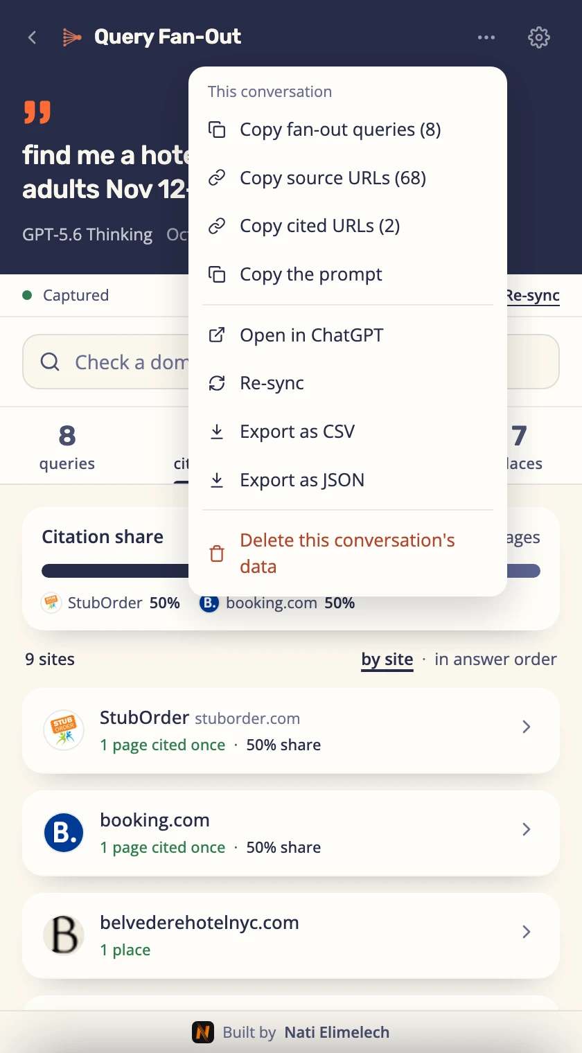 Query Fan-Out side panel menu with options to copy the fan-out queries, source URLs or prompt and export the conversation as CSV or JSON