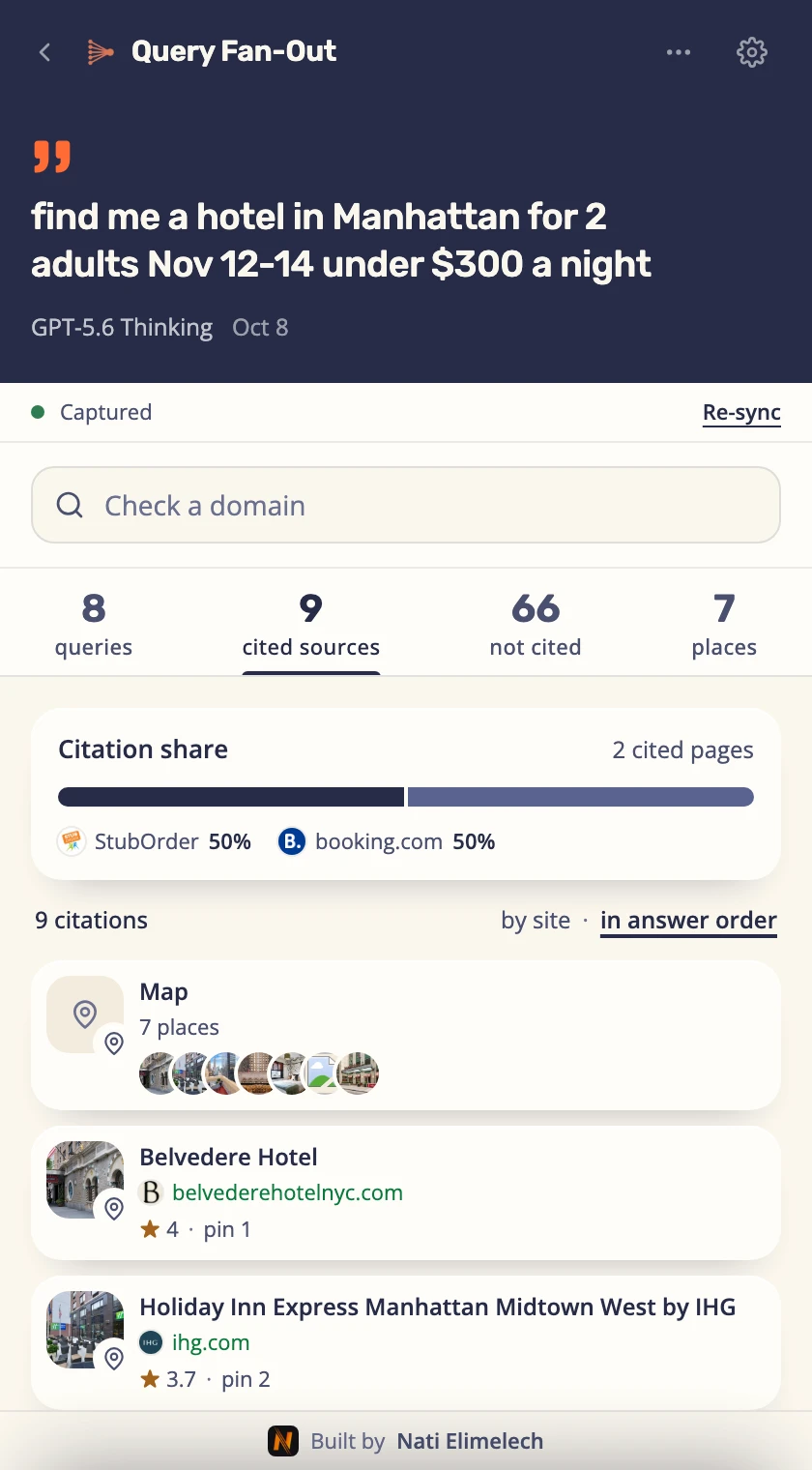Query Fan-Out Chrome extension side panel showing the sources ChatGPT cited for a hotel question, in answer order: the map, then each hotel and its website
