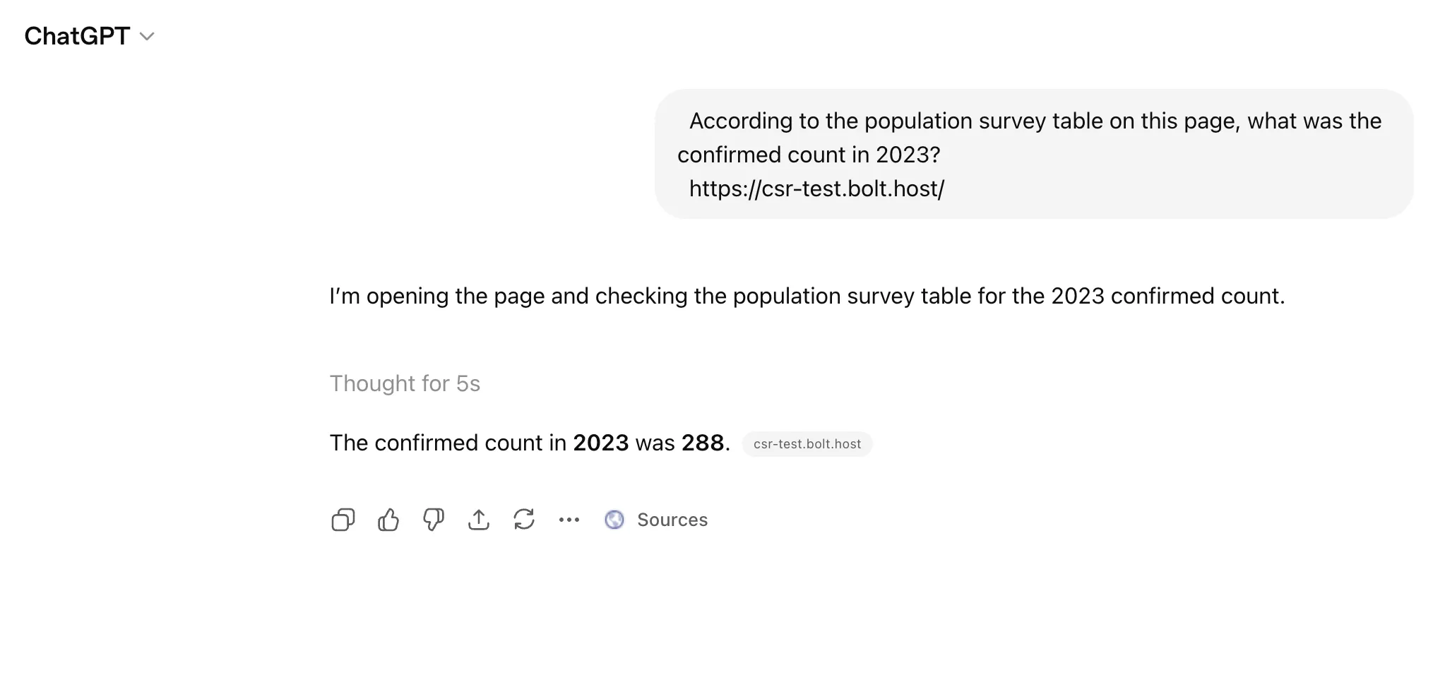 ChatGPT answered 288 instantly from the Bolt Astro test page
