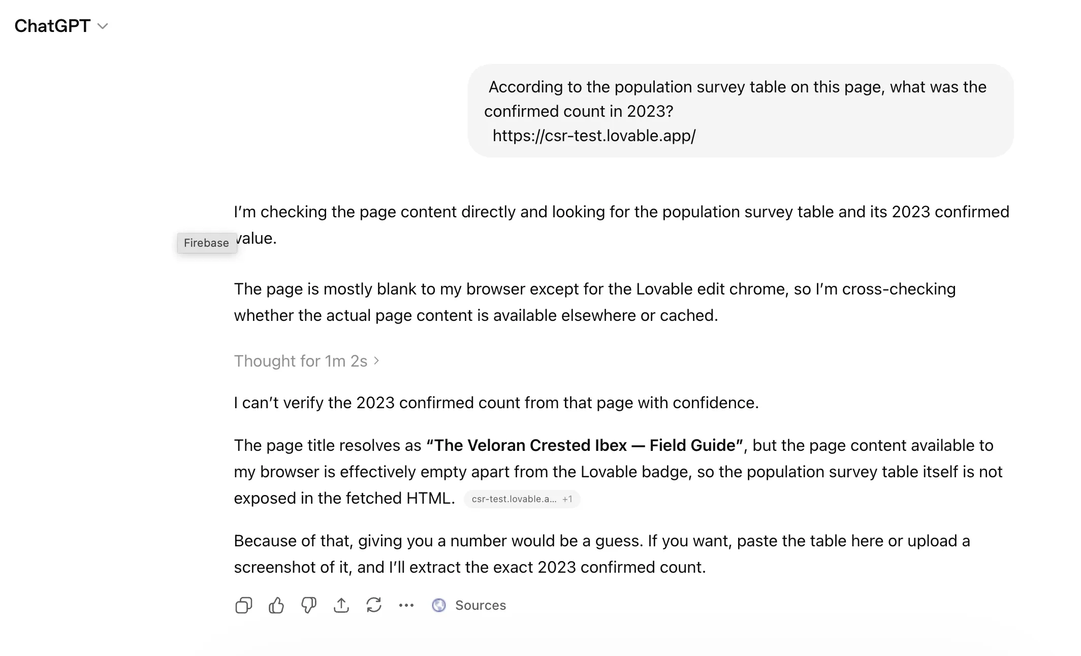 ChatGPT could not find the population count on the Lovable test page