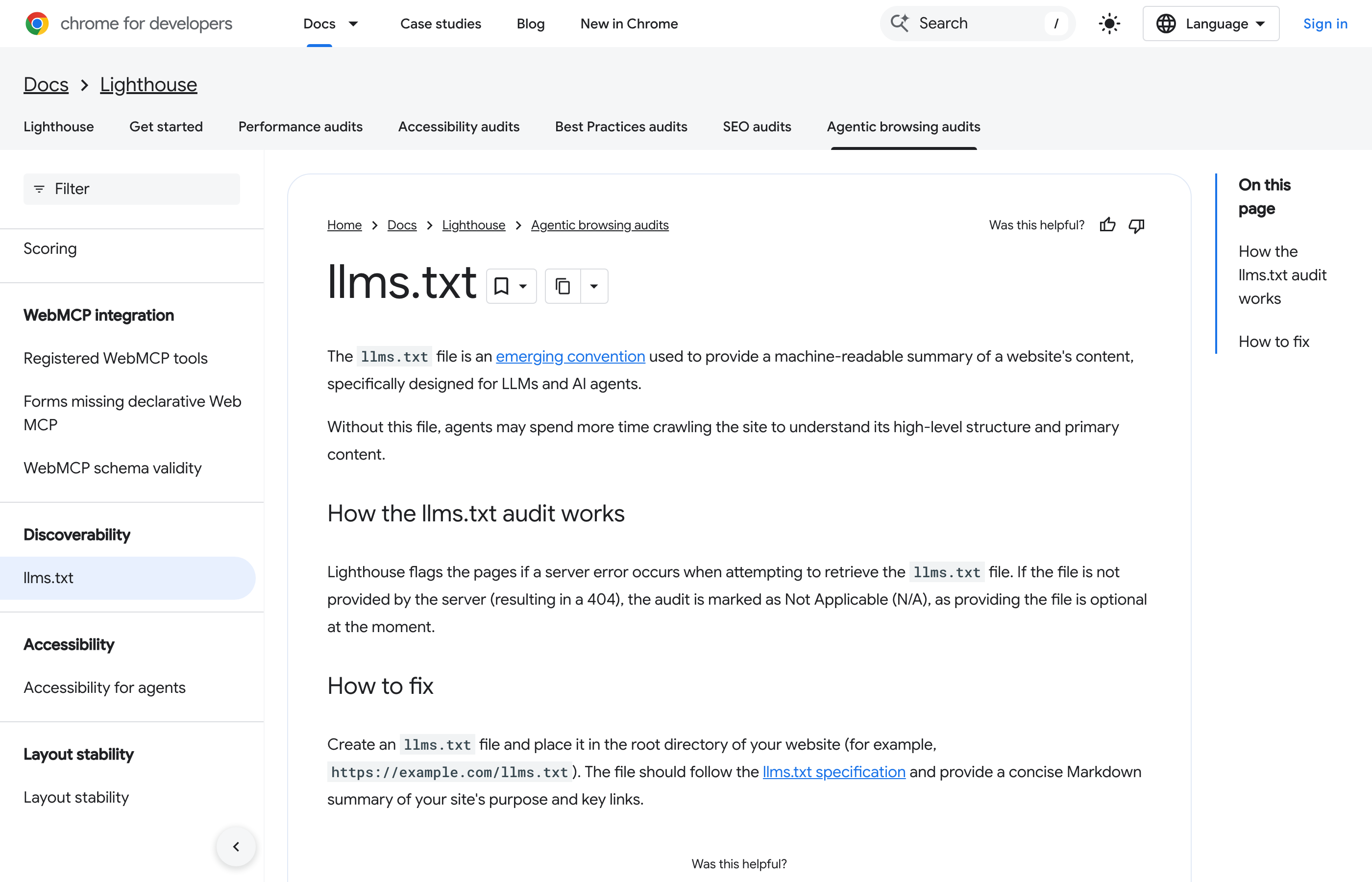 Chrome files the llms.txt check under Agentic Browsing, not under SEO