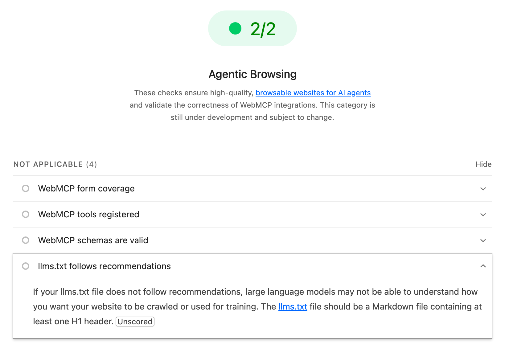 Lighthouse on natielimelech.com: the llms.txt check is marked Not Applicable under the Agentic Browsing category, next to the WebMCP checks, and the category still scores 2/2 without the file