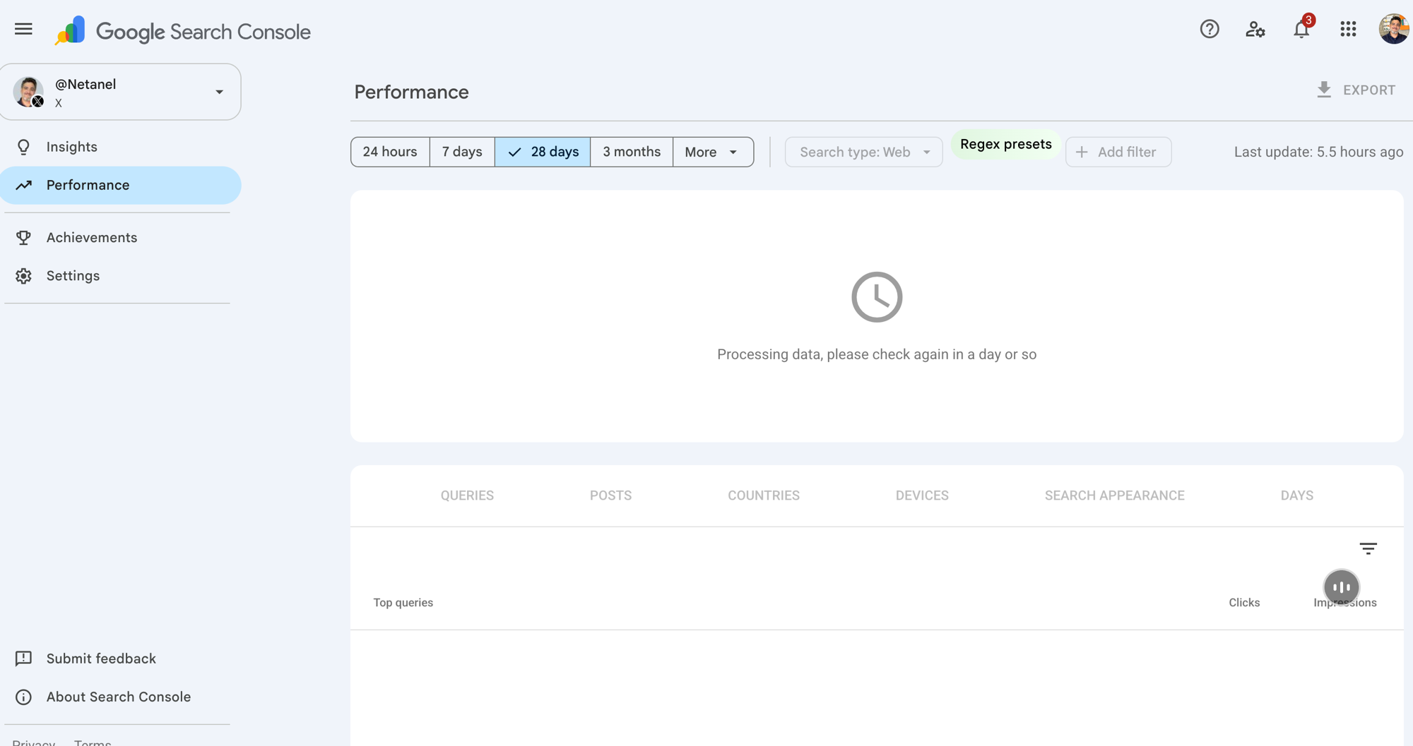 The Performance report of an X platform property: the dimensions are Queries, Posts, Countries, Devices, Search Appearance and Days