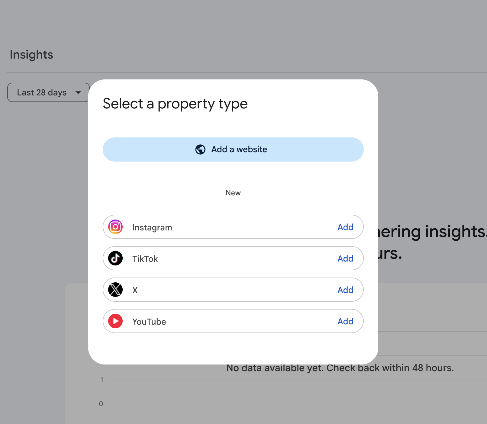 The Select a property type dialog in Search Console: an option to add a website, and below it four new platforms with an Add button: Instagram, TikTok, X and YouTube