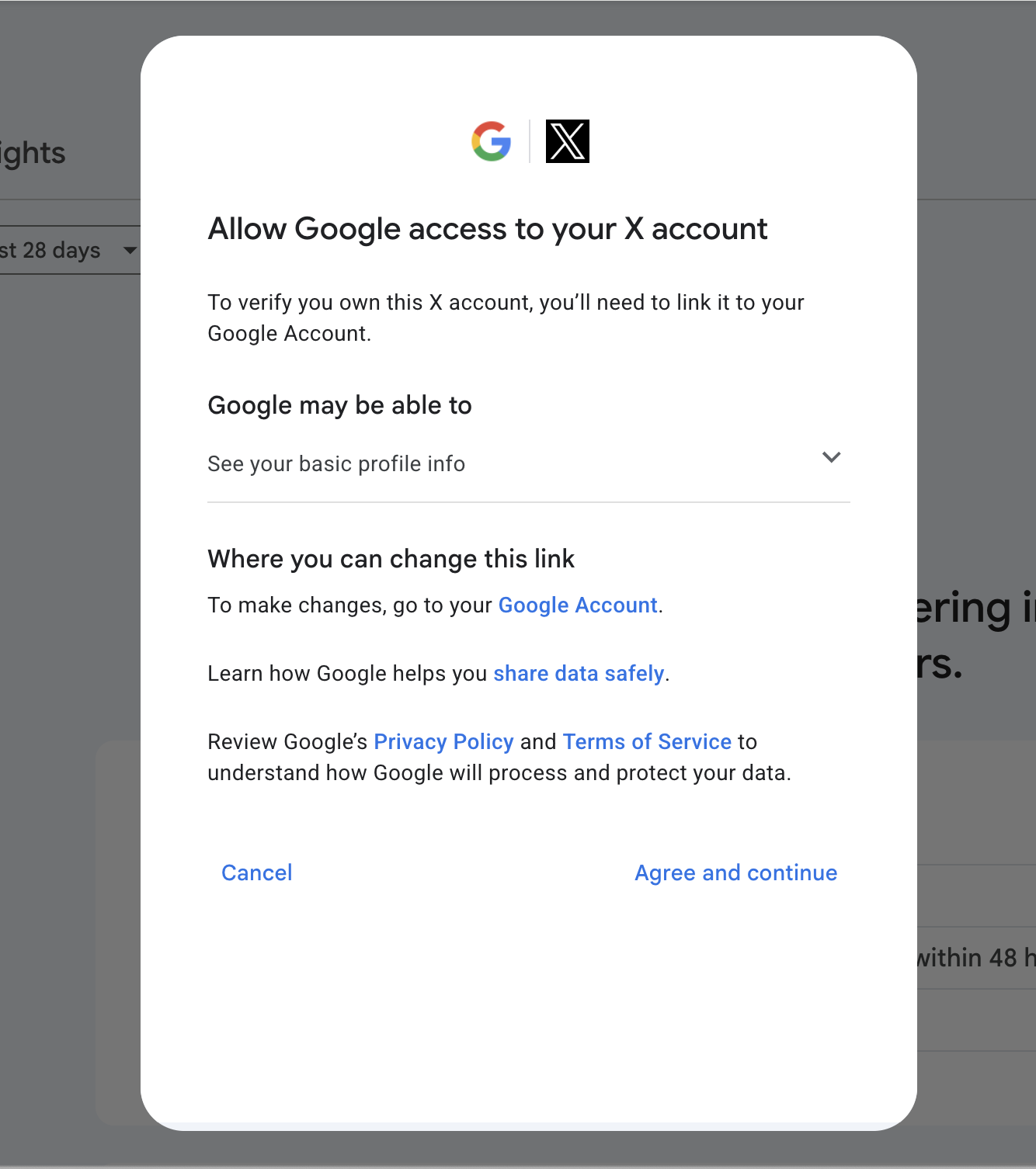 The X consent screen during connection: Allow Google access to your X account, explaining that linking to a Google Account is needed to verify ownership, with basic profile info permission